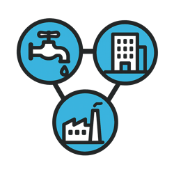 Create a sleek flatstyle icon that features three connected circular elements a minimalist household tap a stylised commercial building and a streamli