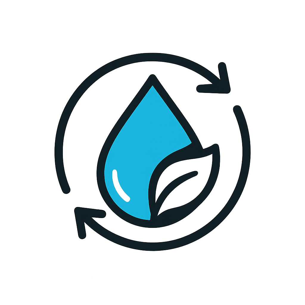 Create a flatstyle icon featuring a sleek stylised water droplet gracefully encircled by two dynamic recycling arrows that symbolise sustainability In-2
