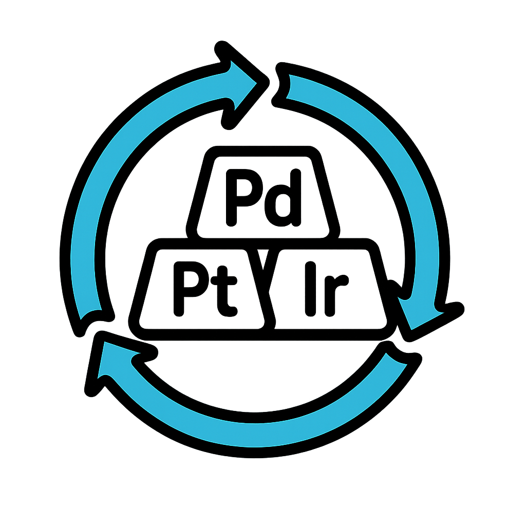 Flatstyle icon of a circular recycling loop with metallic ingots or coins inside labelled Pd Pt Ir Cyan arrows Clean white ffffff cyan blue 00a4d8 and