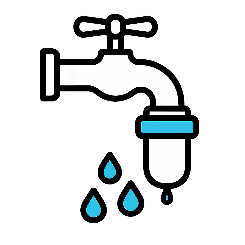 Flatstyle icon of a household tap with a small filter cartridge attached beneath it dispensing clean water droplets Clean white ffffff cyan blue 00a4d-1
