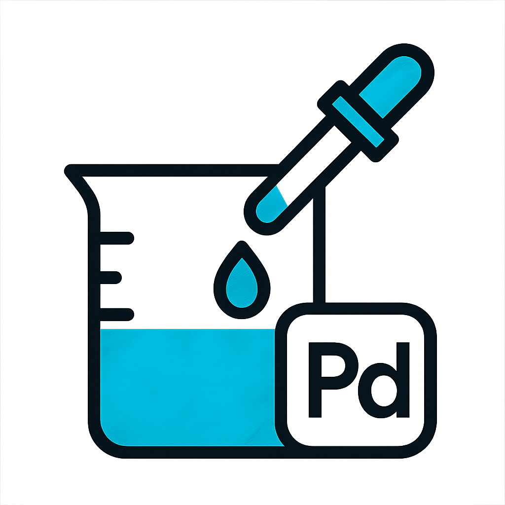Flatstyle icon of a lab bench setup  beaker pipette and water droplet  with a small Pd or Pt symbol representing smallscale recovery Cyan 00a4d8 accents black outlines transparent background clean minimal lab look