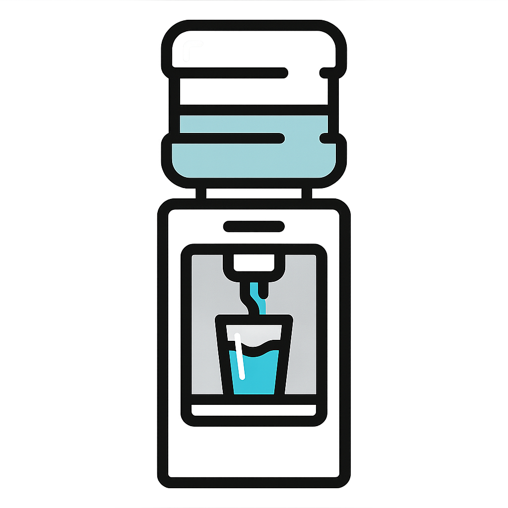 Flatstyle icon of a standing water dispenser with a glass being filled showing a cyan 00a4d8 water flow Subtle outlines in black 000000 and white high-1