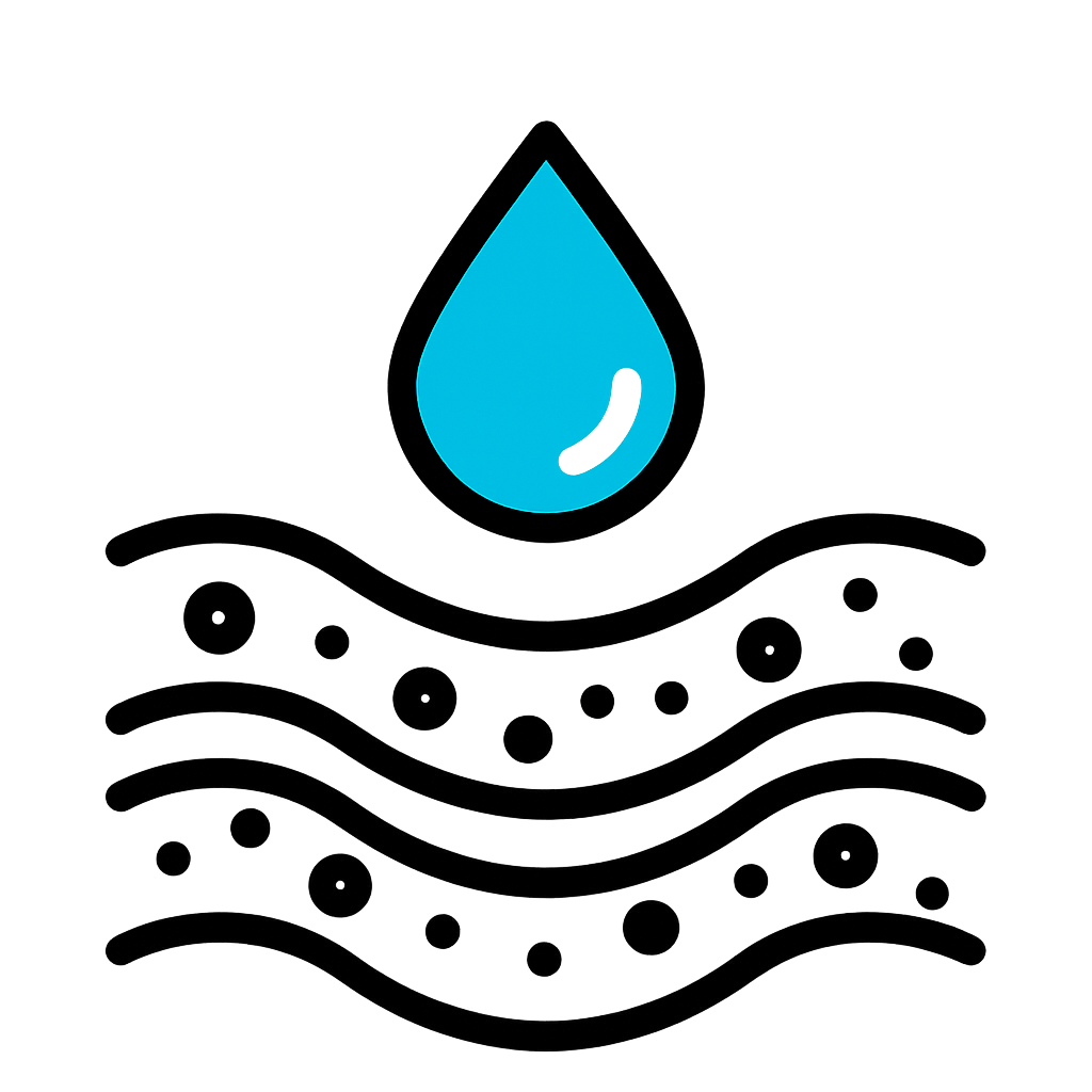 Flatstyle icon of a water droplet emerging from soil layers or a river with small contaminant particles being removed Clean white ffffff cyan blue 00a-2