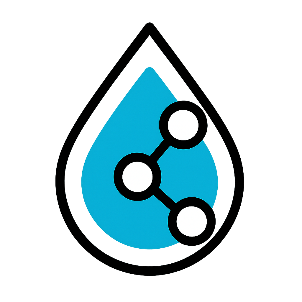 Flatstyle icon of a water droplet merged with a molecular structure symbolising advanced filtration technology Clean white ffffff cyan blue 00a4d8 and