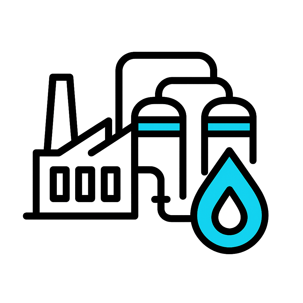 Flatstyle icon of an industrial factory with tanks and pipes leading to a clean water droplet symbolising wastewater purification Clean white ffffff c