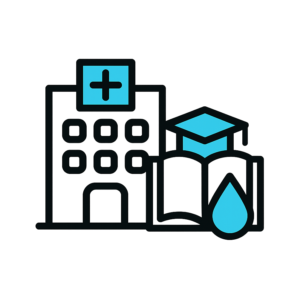 Flatstyle icon showing a hospital building and an open book or graduation cap beside a water droplet symbolising health and education facilities Clean