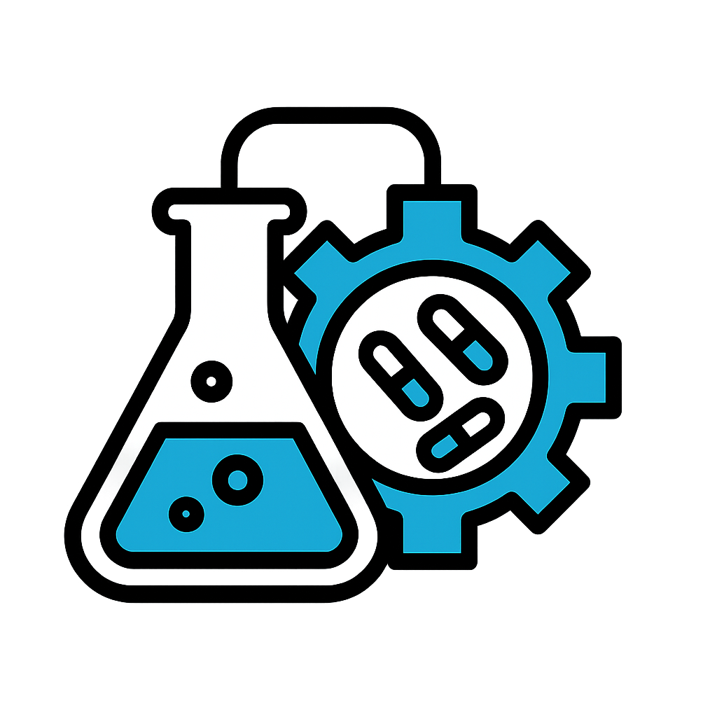 Flatstyle icon showing a laboratory flask connected to a gear or reactor vessel with capsule symbols inside symbolising catalyst recovery Clean white