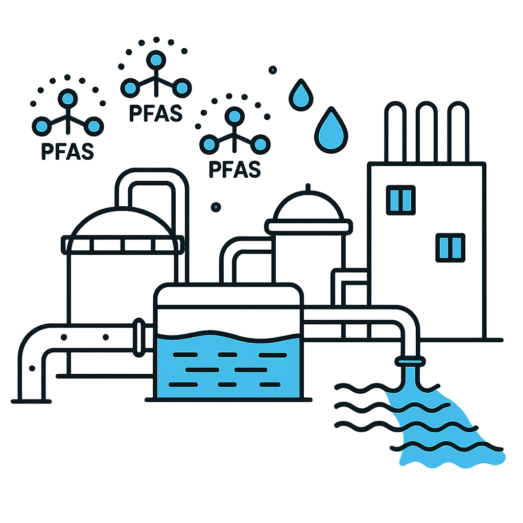 Flatstyle illustration of an industrial wastewater treatment plant with tanks and pipelines showing clean water output and molecular symbols indicatin-3