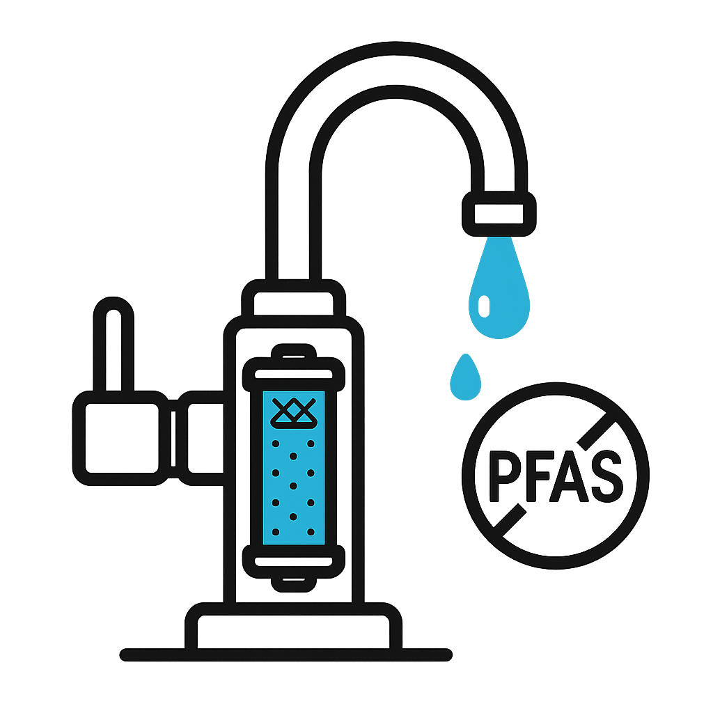 Flatstyle image showing a household tap or water dispenser with a visible internal filter cartridge icon producing crystal clear water Include a small-1