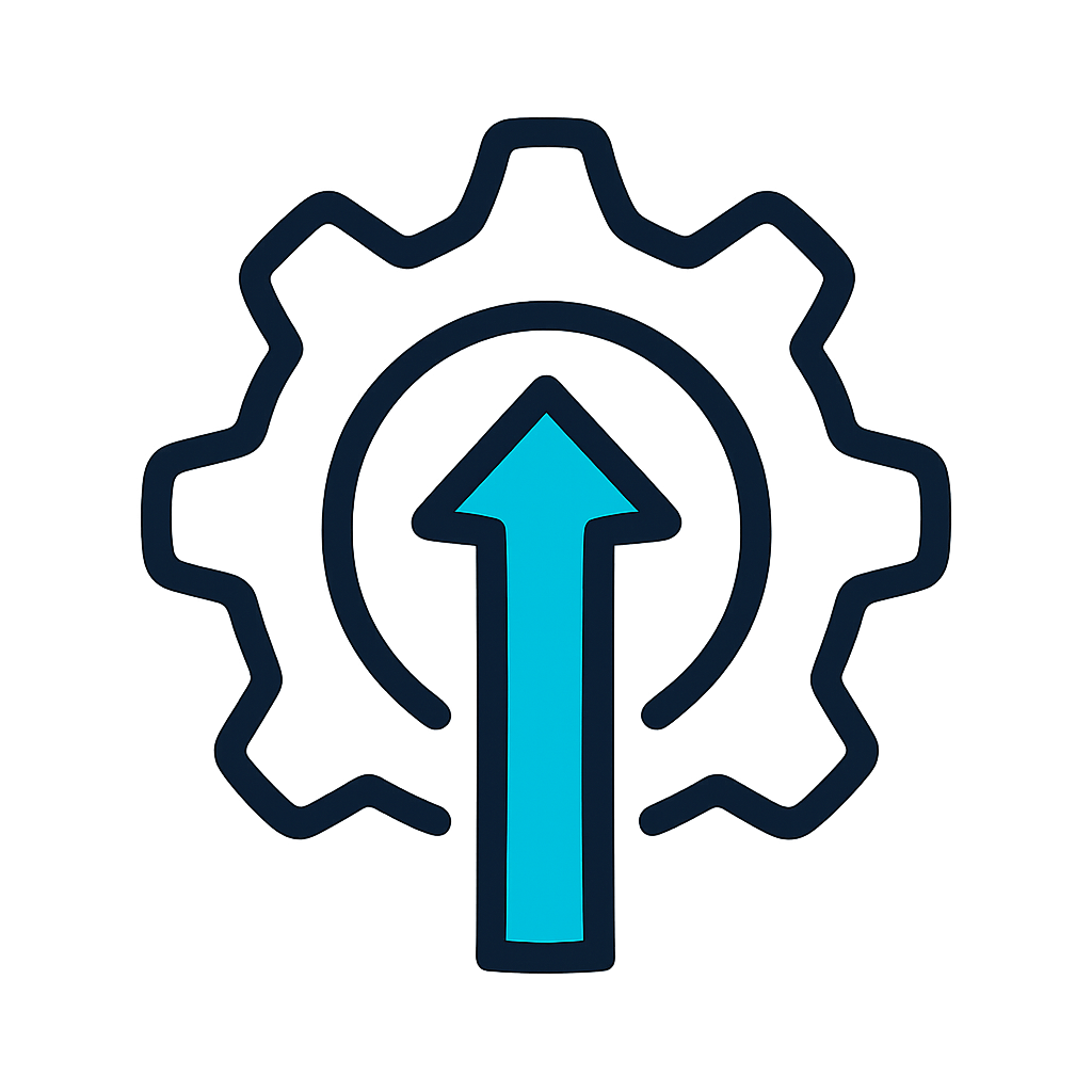 Minimal flatstyle icon showing an upward arrow integrated into a gear symbolising business growth and innovation Use cyan 00a4d8 for highlights black for outlines and white for negative space-1
