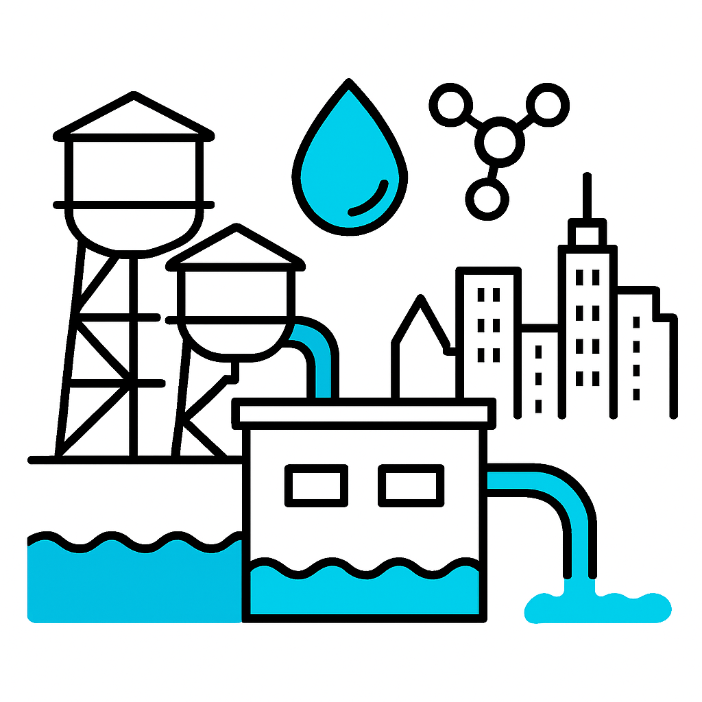 Minimal flatstyle illustration of a municipal water facility with water towers and clean water flowing to a city skyline Include a stylised water droplet and molecular icon to represent purification Use cyan 00a4d8 for water elements black 000000 out
