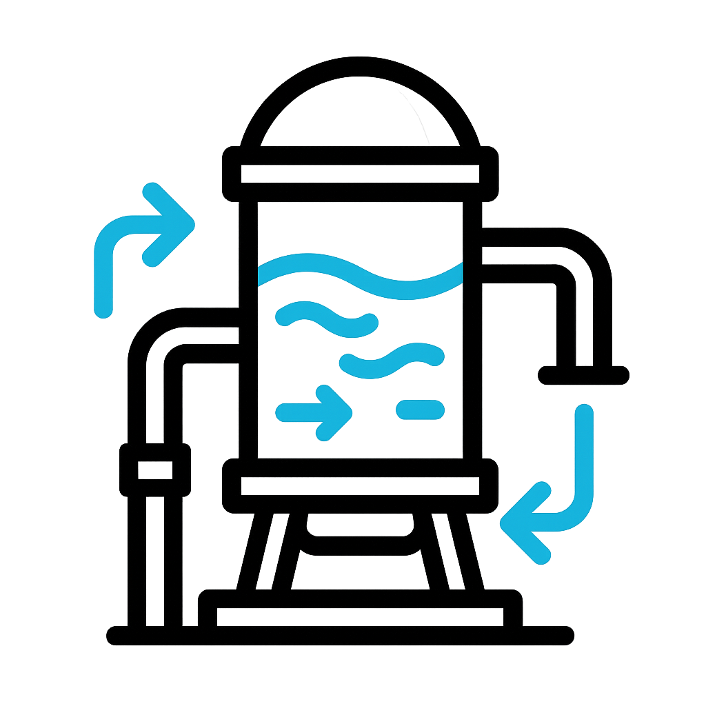 Visualise a flatstyle icon depicting a small sleek water tower or modular filtration unit The design features interconnected pipes and dynamic arrows