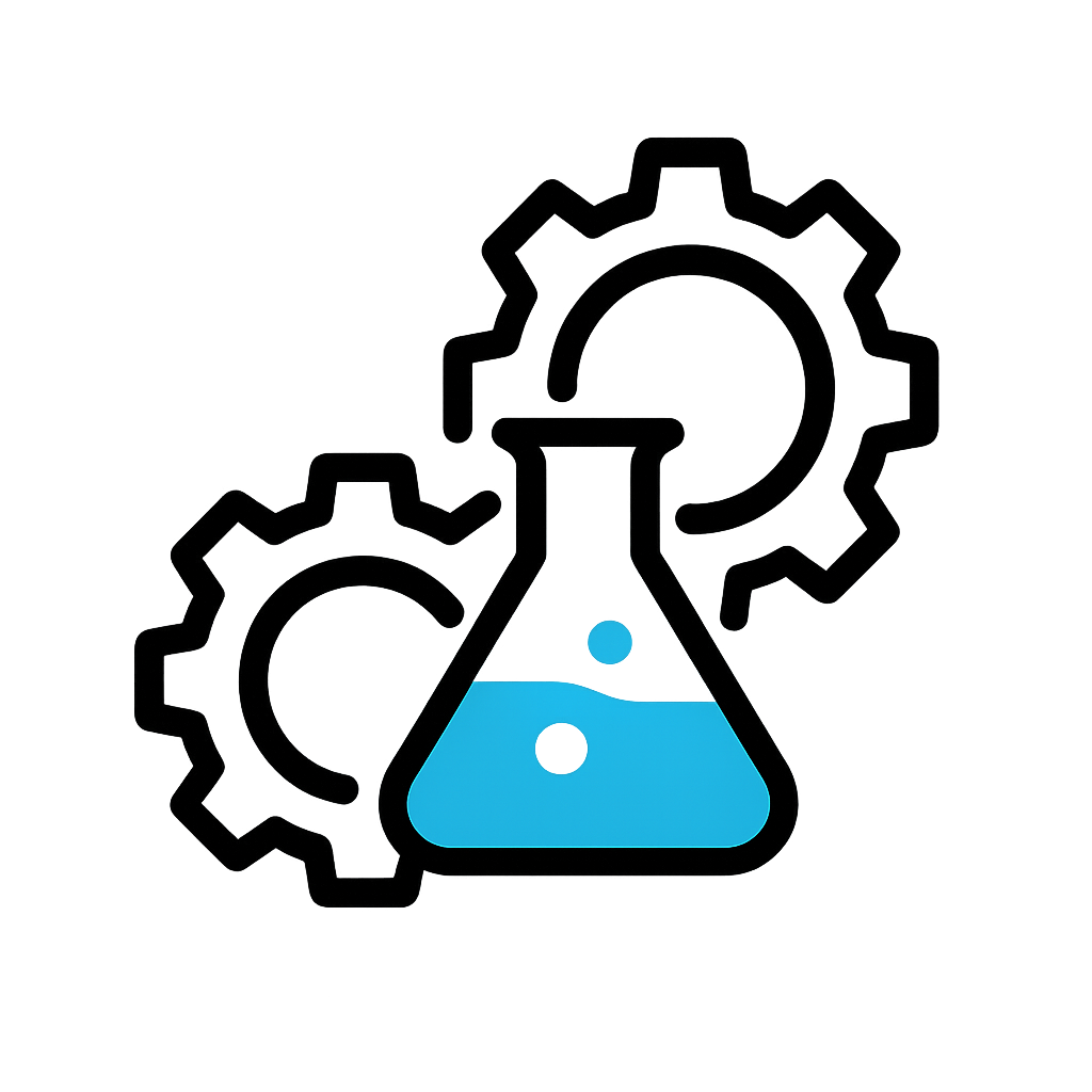 Visualise a flatstyle icon featuring two interlocking gears seamlessly connected by a laboratory flask symbolising the synergy of codevelopment Clean